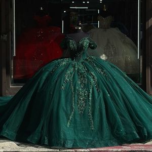 Изумрудное зеленое блестящее шариковое платье Quinceanera платья с плече