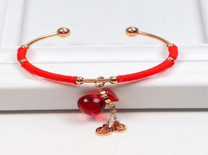 Bracciale in acciaio inossidabile 316L per donna Corda rossa in stile cinese Bottiglia di zucca in oro rosa 18KGP Braccialetti aperti4844961