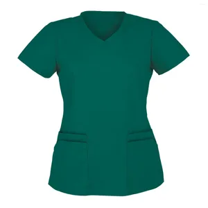 Kadın Tişörtleri Hemşirelik Scrubs Üstleri Gömlek Girişli 2024 Kadın Moda Kısa Kollu V Boyun Çalışan Üniforma Bluz Katı