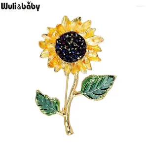Broşlar wulibaby emaye ayçiçeği 2 yaprak broş pimleri kadınlar için moda mücevher 2024 bitki hediyesi
