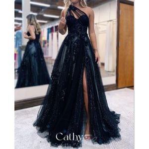 Cathy Sparkling Tulle A-line Prom Dress Dark Blue Evening Dress Sexy One Shoulder Side Split Princess Party Dress 240202