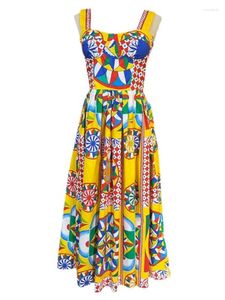 Sıradan Elbiseler Yaz Tatil Plajı Spagetti Strap Elbise Kadınlar Pamuk Pamuklu Bardak Renk Basılı Baskı Fermuarı Elastik Sırtsız Midi Vestidos