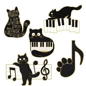 Gato preto música esmalte pino animal bonito instrumento musical notas piano broche crachá amigos presente atacado mochila acessórios