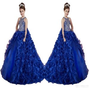 Lüks Kraliyet Mavi Küçük Kızlar Pageant Elbiseleri Fırıltılı Kristal Boncuklar Prenses Dans Balo Kıyısı Düğün Çiçek Kız 8746834