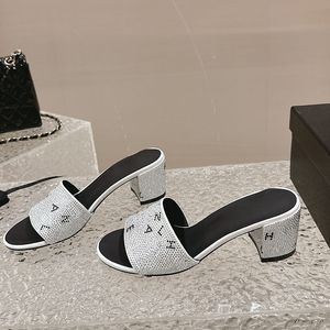 24ss bayan sandaletler tasarımcısı düşük tıknaz topuklar 1.5cm/5cm stras elmas terlik kaydıraklarda klasik mektup katırlar açık plaj ayakkabı kızları gümüş siyah boş zaman ayakkabı