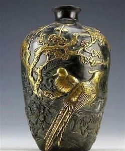 Вся дешевая Z китайская коллекция бронзовые статуи позолоченные ваза для цветов и птиц горшок 20cm214n7204862