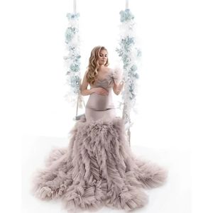 Strapless querida elástico elastano vestidos de maternidade exuberante meshruffled tule sereia vestidos para grávidas vestido de chuveiro do bebê