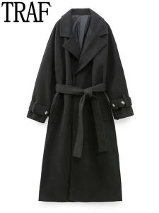 Черное длинное пальто Mice Traf для женщин, элегантное зимнее женское пальто с длинными рукавами, модное зимнее пальто 2023 года с поясом, новинка женской верхней одежды