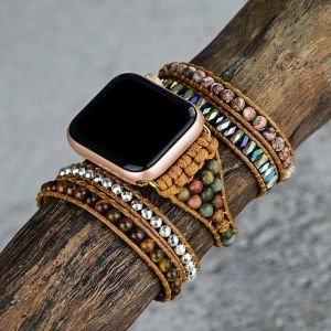Bilezikler Moda Doğal Taş Apple Watch Band Boho Balmumu Halat Tigereye Stone 5 Wrap Charm Apple Watch Strap Wholesaledropshipping