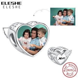 Boncuklar Kişiselleştirilmiş Fotoğraf Özel Charm 925 STERLING Gümüş Klasik Kanatlar Kalp Boncuk Fit Orijinal Bilezik Mom Günü İçin Diy Takı