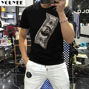 Homens camisetas Rhinestone Fit Manga Curta T-shirt Mens Algodão Moda Cool Bottoming Top 2021 Verão Estilo Europeu Hip Hop Masculino Roupas 5XL J240221