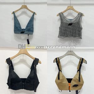 Parlak Rhinestone Tişörtleri Kadın Denim Sling Yelek Seksi Kırpılmış Üst Parti Tank Tops V Boyun T-Shirt Sütyen