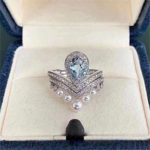 Moda Tasarımcı Yüzük Aquamarine Armut Parlak Pırlanta Beyaz Topaz Taş Taşları Josephina Aigrete 925Silver Tatlı Su İnci Pave Yıldız Hediyesi Kutu ile