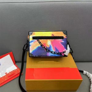 Colorful Gradient Leather Crossbody Bags for Women, Designer Shoulder Bag with Chain, Camouflage Rainbow Rendering Genuine Leather Handbag