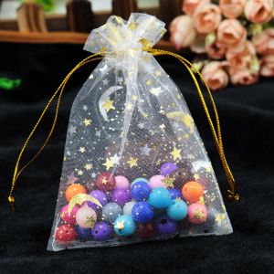 Ekran Toptan 100 PCS/Lot Moon Star Organza Çantaları 11x16cm Küçük Noel Drawstring Hediye Çantası Güzel Takı Ambalaj Çantaları