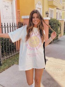 Kadın T-Shirt Mutlu Zihin Mutlu Hayat Bir Zamanda Bir Gün Alın Pamuk Tee Giyim All-Matemat Traend Street T-Shirts Kadın Kısa Kollu T240221