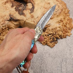 Yeni Varış A2239 Şam Katlanır Bıçak Şam Çelik Bıçağı Abalon Kabuk, Oyunlu Bakır Baş Saplı Dış Mekan EDC Cep Bıçakları Naylon Çantalı