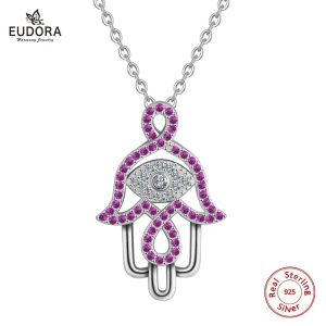 Tartışmalar Eudora 925 STERLING Gümüş Kötü Göz Hamsa El Kolye Kolye El Elinin Fatima Mor CZ Angel Arayan Güzel Takı Hediyesi D3081