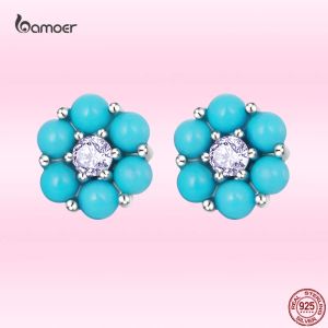 Küpe Bamoer% 100 925 STERLING Gümüş Basit Turkuaz Çiçek Piercing Ear Stud Küpe Kadınlar İçin Gerçek S925 Güzel Takı Toptan