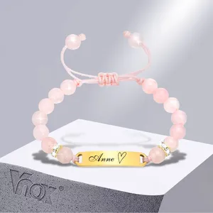 Link-Armbänder Vnox Kostenloses personalisiertes Baby-Namens-kundenspezifisches Anti-Allergie-Edelstahl-Rosa-Perlen-Armband für Jungen-Mädchen-Geburtstagsgeschenke