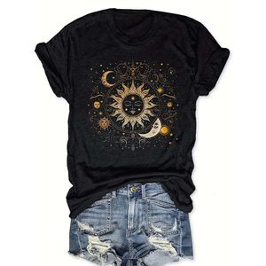 T-shirt da donna a maniche corte con collo rotondo ampio e stampa sole e luna da donna