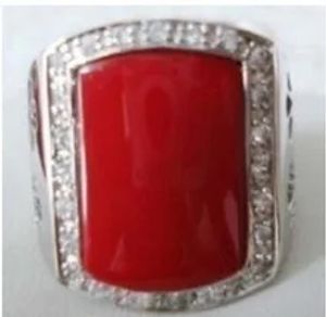 Yüzükler Zarif Kırmızı Mercan Gümüş Erkekler Yüzük Boyut Boyut 8 9 10 11# Erkek Erkekler Ringe Orijinal Doğal Taş Gems Fortune Fine Twelry