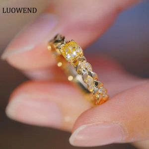Anelli Luowend 18k Gold Gold Rings Real Natural Yellow Diamond Engagement Ring per Wedding Wedding Fashion Wheat Design Gioielli