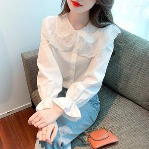 Женские блузки Модная женская блузка 2024 Элегантная одежда в корейском стиле Винтажная белая рубашка для девочек с кукольным воротником Рубашки для женщин Топ с длинным рукавом
