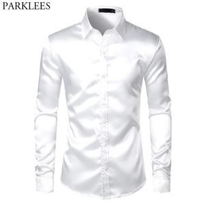 Beyaz ipek saten smokin gömlek erkek marka uzun kollu donatılmış erkek elbise gömlekleri düğün parti dansı erkek gündelik kimya 240220