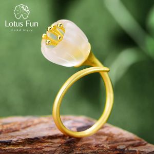 Halkalar Lotus Fun Real 925 Sterlling Gümüş Doğal Kristal El Yapımı Tasarımcı Vadi Çiçek Yüzükleri Kadın Hediyesi