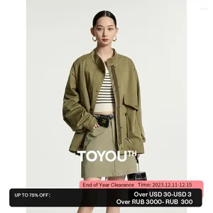 Kadın Ceketleri Toyouth Kadın Trençkot 2024 Sonbahar Uzun Kollu Stand Yakası Gevşek Rüzgar Çizme Çizme Hem Retro Çok Yerli Ordu Yeşil
