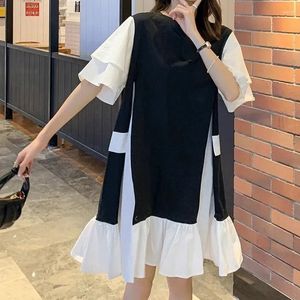 Vestidos de festa roupas femininas cor sólida o-pescoço casual coreano verão fino moda solta retalhos manga curta pullovers plissado