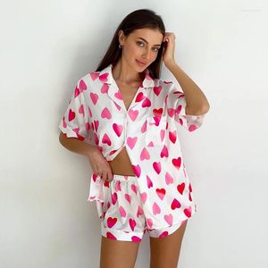 Kadın pijama 2024 Yaz Pembe Aşk Baskılı Pijama Kadınlar İçin Set İmitasyon İpek Kısa Kollu Şort 2 PCS Kadın Ev Uyuyor