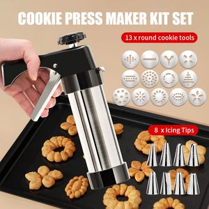 Cookie Press Gun Squeezing DIY Biscuit Machine Kit with 13 Cookies Mold 8 Cream Mounted Flower Mouth Cake Decorating Baking Tool YFA1925