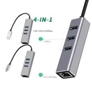 3.0 Type-C 4in1 Hub 1000 Мбит/с RJ45 LAN Ethernet-адаптер 3 порта USB3.0 5 Гбит/с OTG-сплиттер Сетевая карта для ноутбуков ПК Серый