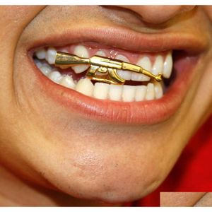 Grillz Стоматологические грили Форма пистолета Зубы Хип-хоп Рэпер Мужчины Женщины Верхний низ Одиночные зубные зажимы Grillz Ювелирные изделия для вечеринок Gold Sier Col Dhb74
