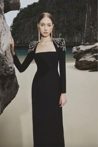 Amanda Lüks Tafta Denizkızı Akşam Elbisesi Siyah Balo Elbisesi 2024 Sequins Omuz Trompet Partisi Elbise Resmi Fırsat Elbisesi