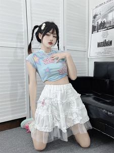 Etekler seksi kawaii etek yüksek bel japon moda dantel sevimli top elbisesi 2024 Sonbahar Tül Splice Beyaz Kızlık Kısa