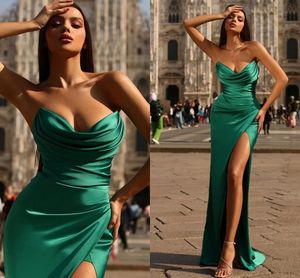 Сексуальное простое зеленое вечернее торжественное платье с милыми складками и высоким разрезом, шелковое атласное платье для выпускного вечера, летний пляжный халат De Soiree