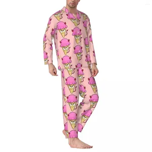 Мужская одежда для сна, забавное мороженое, осенний свободный пижамный комплект с принтом дьявола, мужской пижамный комплект с длинными рукавами Kawaii, домашний костюм с графикой для спальни