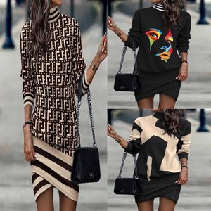 Tasarımcı Kadınlar Uzun Kollu Yüksek Necked Baskılı Düzensiz Elbise 2024 İlkbahar, Sonbahar ve Kış Giysileri Asya Boyutu S-3XL