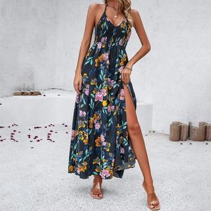 Sıradan elbiseler Ardsız uzun maxi elbise kadınlar için v yaka çiçek yular bölünmüş boho seyahat bohemian bayanlar vestidos para mujer s-x