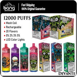 Оригинал от Bang 12000 Puffs Электронные сигареты Puff 12K Одноразовый набор для вейп-баров Сетчатая катушка Перезаряжаемая светодиодная цветная подсветка 0% 2% 3% 5% 20 вкусов