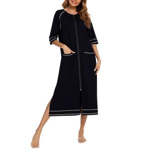 Elbise Rubehoow Ev Elbiseleri Kadınlar için Fermuar Ön Cüppeler Yarım Kollu Batıl