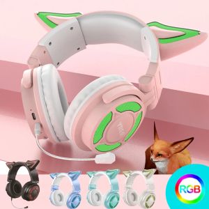 Наушники RGB Cat Ear Наушники Беспроводная Bluetooth гарнитура 5.3 со съемным микрофоном ENC HiFi Стерео Музыкальные игровые наушники Лучший подарок