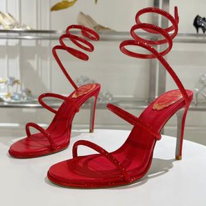 Rene Caovilla stiletto Сандалии Стуки Стук Страсс Страсс 95 мм Red Cleo Свадебные вечерние туфли женские высокие каблуки