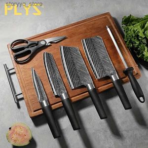 Кухонные ножи PLYS-7pcs / set Набор бытовых острых кухонных ножей из нержавеющей стали с кухонными ножницами и точилкой для ножей Нож для резки мяса Q240226