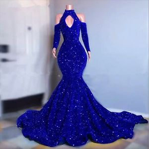 Artı boyutu kraliyet mavisi ışıltılı payetler balo elbiseleri uzun kollu deniz kızı akşam elbiseleri 2024 omuz kadın resmi elbise zarif kapalı