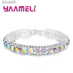 Boncuklu Top Satış 925 Sterling Gümüş Renk Bilezikleri Tam AAA Zircon Avusturya Kristal Femme Kadınlar Bağlantı Zinciri Takı Bangles 14 Renk YQ240226