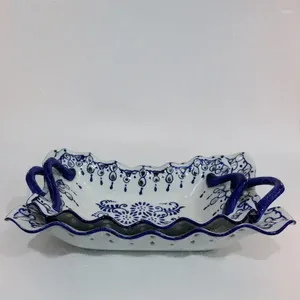 Тарелки, обеденная тарелка в современном стиле, сине-белая керамика, керамическая ретро-украшение стола, поднос для конфет, подносы для фруктов с двойными ушками